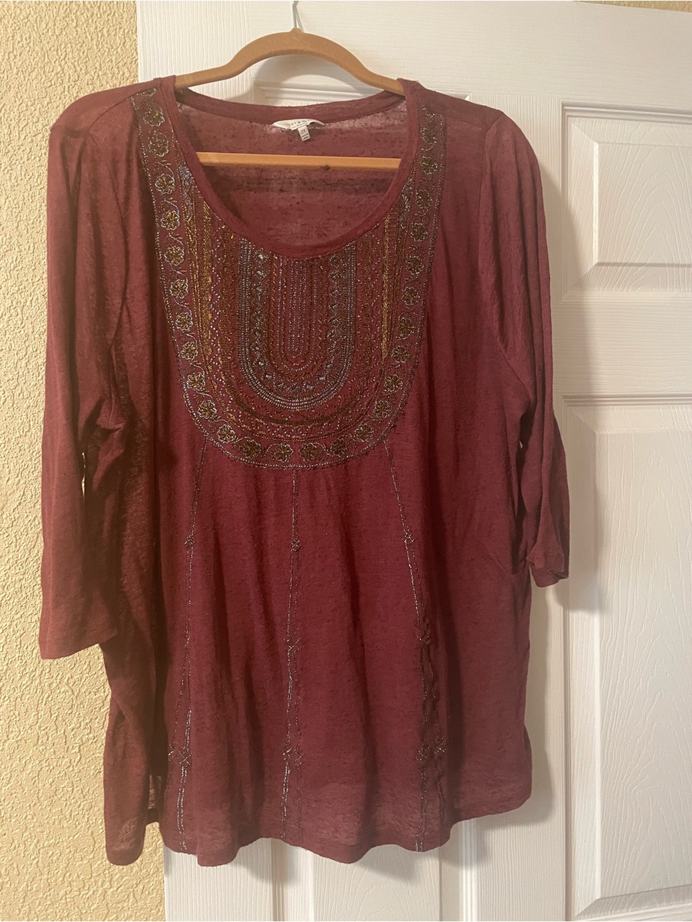 Lucky Brand Embroidered Burgundy Scoop Neck Tunic